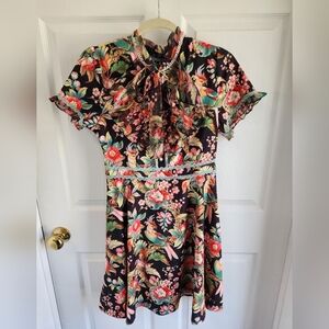 Dalia Macphee Floral Short Sleeve Dress with Bow MEDIUM